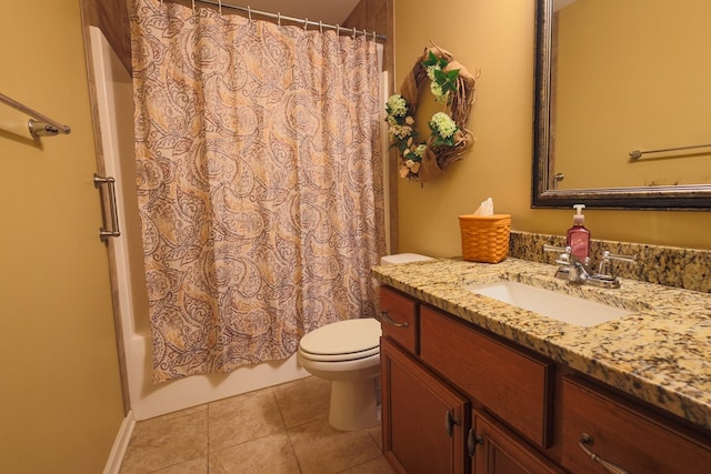 full bathroom featuring vanity, shower / bathtub combination with curtain, tile patterned flooring, and toilet