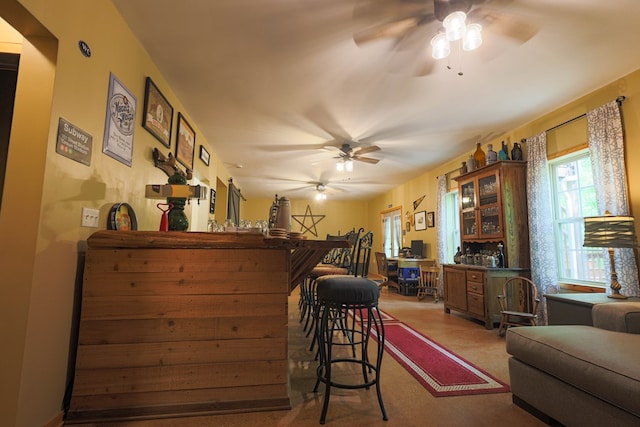 bar featuring ceiling fan and carpet