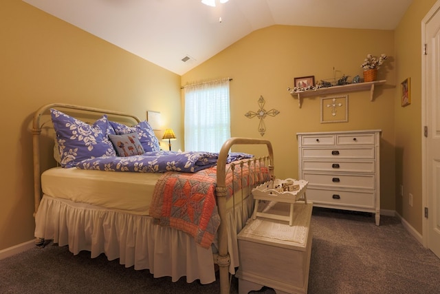 bedroom featuring carpet floors, baseboards, vaulted ceiling, and visible vents