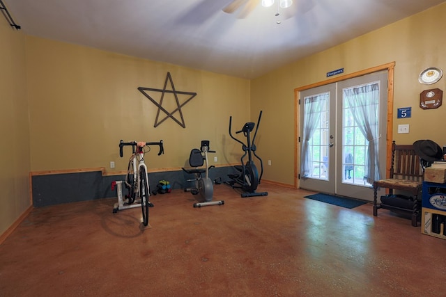 exercise room featuring french doors and a ceiling fan
