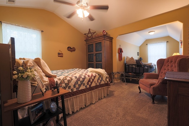 bedroom with carpet floors, a ceiling fan, and lofted ceiling