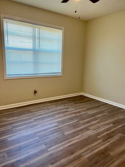 spare room with ceiling fan and dark wood-type flooring