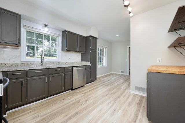 3775 Steam Mill Rd, Columbus, GA 31906 - kitchen featuring stainless steel dishwasher, light wood finished floors, decorative backsplash, track lighting, and light stone countertops