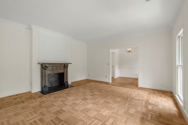 1425 Dartmouth Rd, Columbus, GA 31904 - unfurnished living room with baseboards, a fireplace, and crown molding