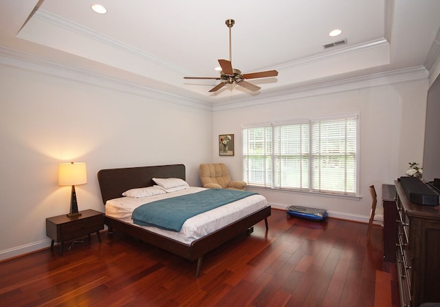 1013 Annbriar Ln, Columbus, GA 31909 - bedroom featuring a tray ceiling, dark wood-style floors, ornamental molding, recessed lighting, and ceiling fan