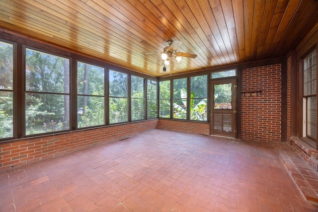 2618 Habersham Ave, Columbus, GA 31906 - unfurnished sunroom with ceiling fan, wooden ceiling, brick wall, and brick patterned floors