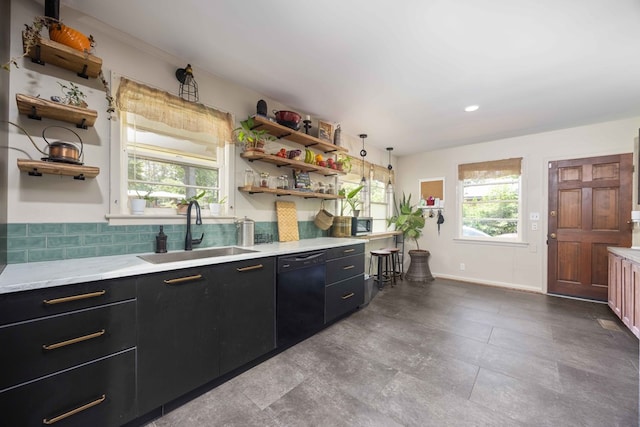 2618 Habersham Ave, Columbus, GA 31906 - kitchen featuring dark cabinets, black dishwasher, open shelves, decorative backsplash, and recessed lighting