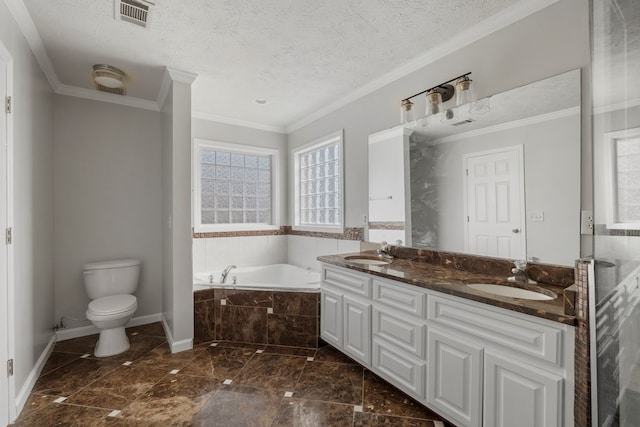 bathroom with toilet, a textured ceiling, crown molding, tiled tub, and vanity