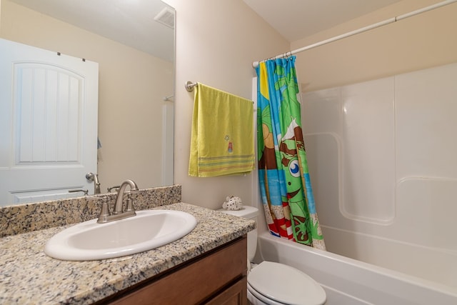 bathroom with shower / tub combo, toilet, and vanity