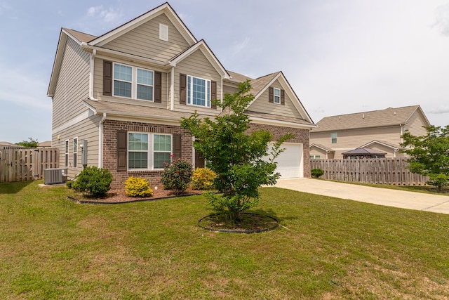 view of front of property featuring brick siding, driveway, and central AC unit