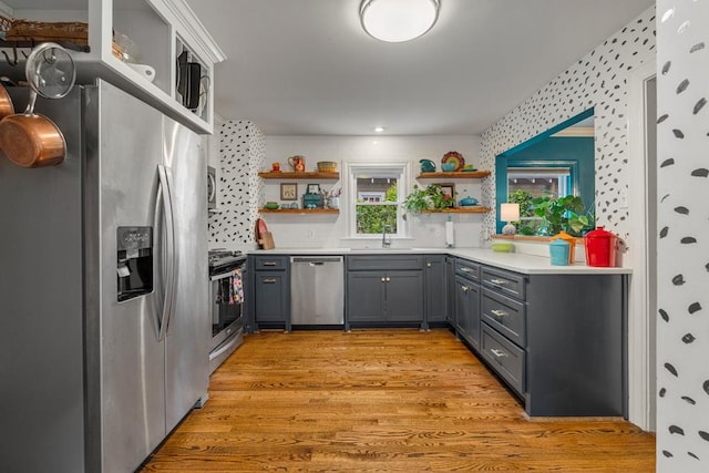 1445 22nd St, Columbus, GA 31901 - kitchen featuring stainless steel appliances, open shelves, gray cabinetry, light wood-type flooring, and light countertops