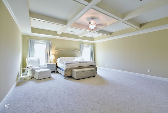 bedroom with coffered ceiling, beam ceiling, ceiling fan, and carpet