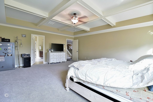 carpeted bedroom with ceiling fan, coffered ceiling, and beam ceiling