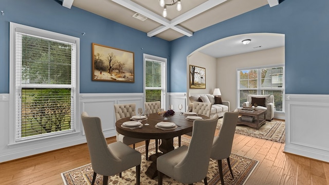 dining area with hardwood / wood-style flooring, beamed ceiling, and coffered ceiling