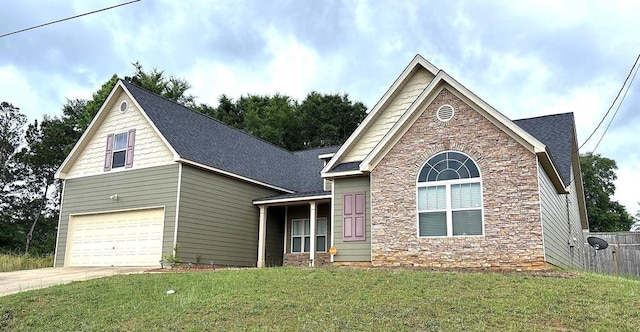 5 Rusty Dr, Phenix City, AL 36869 - view of front of house with stone siding, a front lawn, a garage, driveway, and a shingled roof