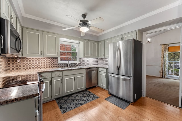 6256 Cricket Ln, Columbus, GA 31909 - kitchen with appliances with stainless steel finishes, a sink, healthy amount of natural light, light wood-style floors, and crown molding