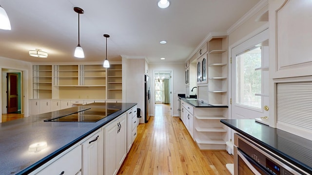 1225 Chaplin Dr, Columbus, GA 31904 - kitchen featuring open shelves, black electric stovetop, dark countertops, ornamental molding, and recessed lighting