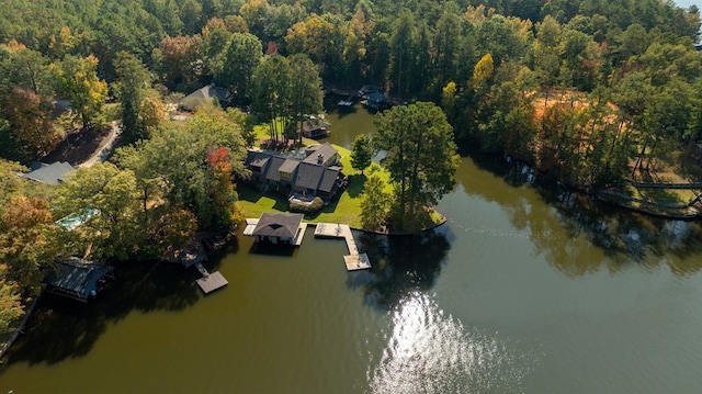 aerial view featuring a water view and a wooded view