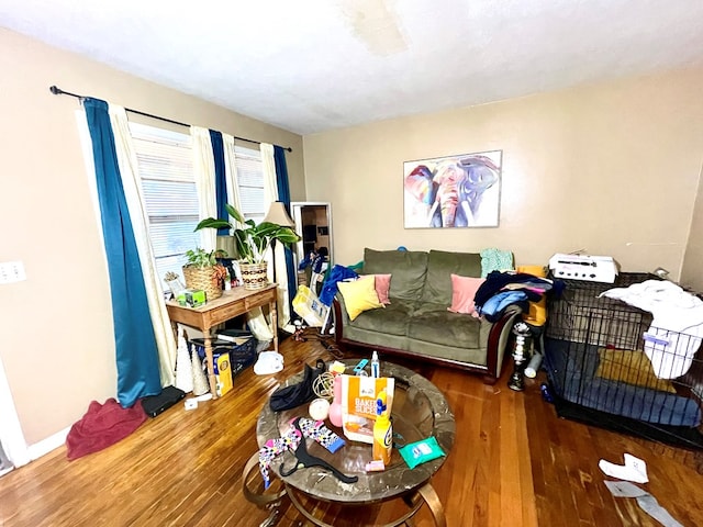 living room with dark hardwood / wood-style flooring