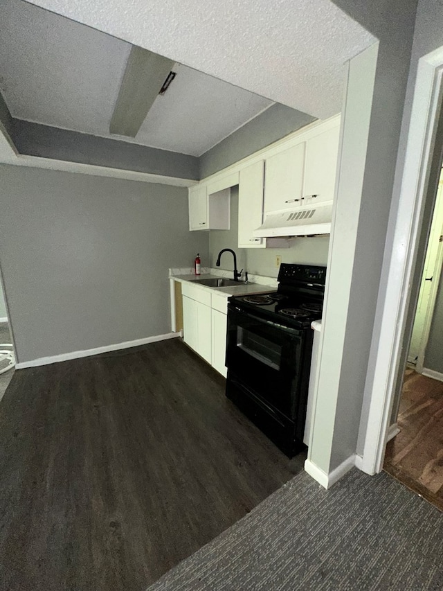 kitchen featuring custom exhaust hood, dark wood-type flooring, sink, white cabinets, and black / electric stove