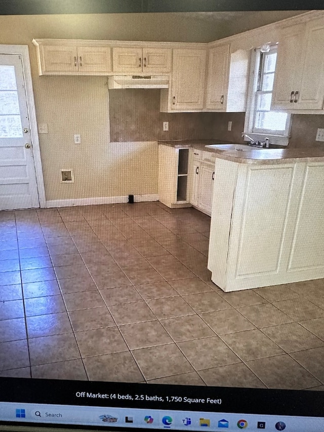 kitchen featuring dark tile patterned flooring, ventilation hood, and sink