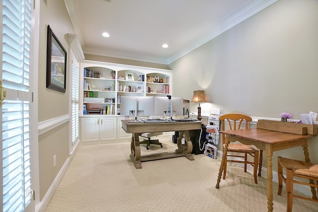 office space with light colored carpet and crown molding