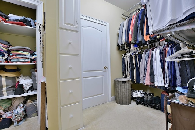 walk in closet featuring light carpet