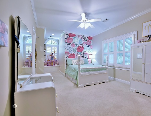 bedroom with ceiling fan, light colored carpet, and crown molding