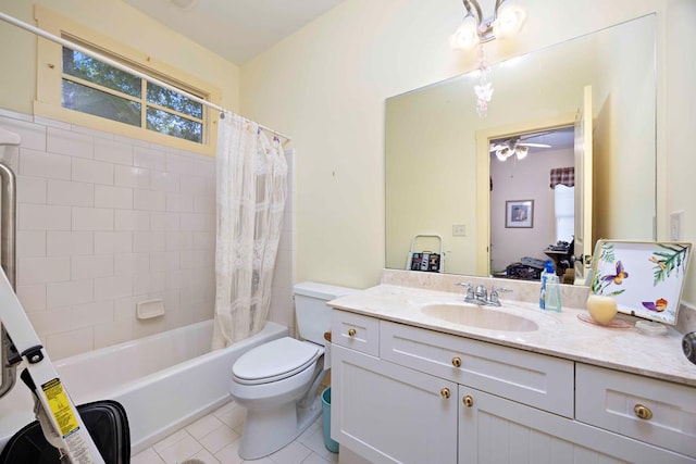 full bath featuring tile patterned flooring, a ceiling fan, vanity, toilet, and shower / tub combo with curtain