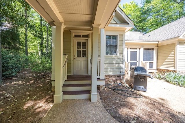 doorway to property featuring roof with shingles