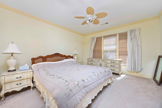 bedroom featuring carpet, visible vents, crown molding, and a ceiling fan