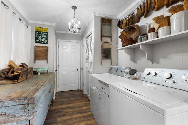 17779 Main St, Woodbury, GA 30293 - washroom with crown molding, a chandelier, independent washer and dryer, dark wood finished floors, and cabinet space