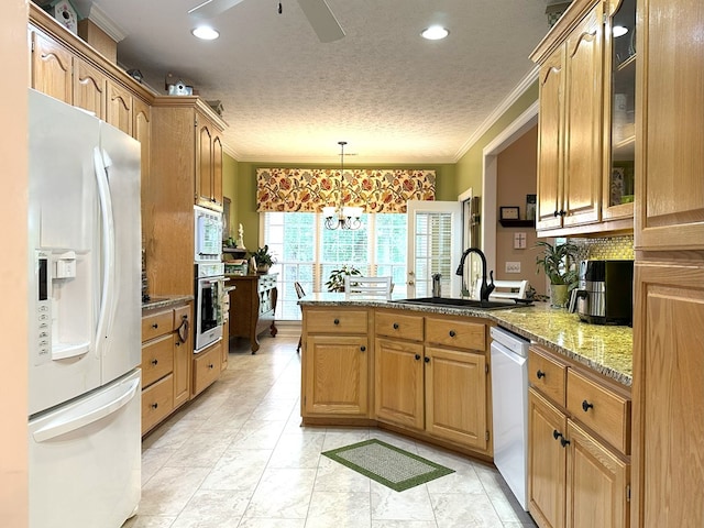 4804 Champions Way, Columbus, GA 31909 - kitchen with white appliances, a peninsula, crown molding, glass insert cabinets, and a textured ceiling