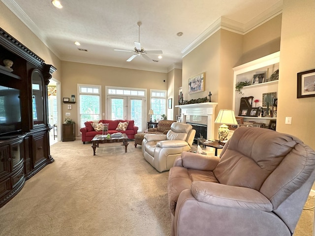 4804 Champions Way, Columbus, GA 31909 - living area featuring ornamental molding, light carpet, a ceiling fan, recessed lighting, and a fireplace
