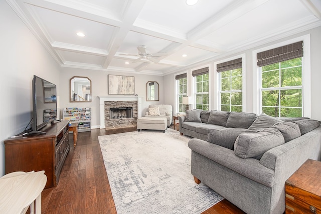6027 Wellesley Dr, Columbus, GA 31904 - living area with dark wood-style flooring, plenty of natural light, coffered ceiling, beam ceiling, and a fireplace