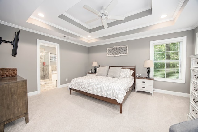 6027 Wellesley Dr, Columbus, GA 31904 - bedroom with light carpet, ornamental molding, a raised ceiling, recessed lighting, and connected bathroom