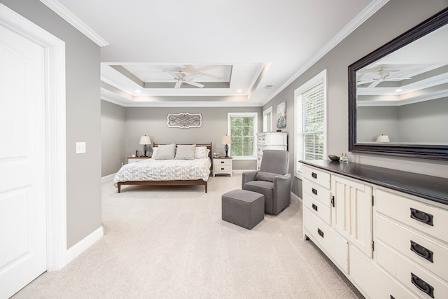 6027 Wellesley Dr, Columbus, GA 31904 - bedroom featuring light carpet, a raised ceiling, ornamental molding, a ceiling fan, and baseboards