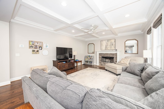 6027 Wellesley Dr, Columbus, GA 31904 - living area with baseboards, dark wood finished floors, a ceiling fan, beamed ceiling, and a fireplace