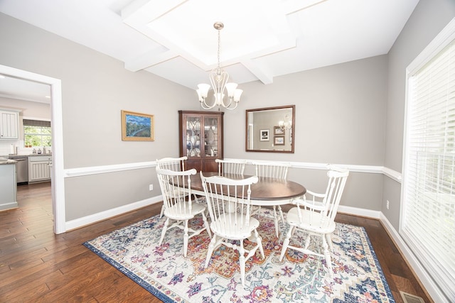 6027 Wellesley Dr, Columbus, GA 31904 - dining room with a chandelier, wood finished floors, baseboards, beamed ceiling, and coffered ceiling