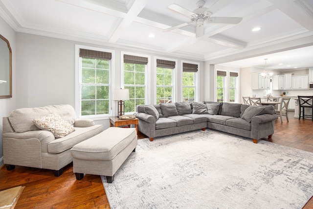 6027 Wellesley Dr, Columbus, GA 31904 - living area featuring dark wood finished floors, coffered ceiling, ceiling fan, ornamental molding, and recessed lighting
