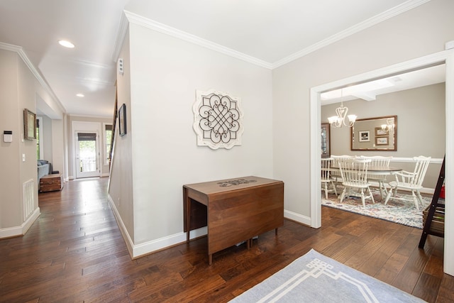 6027 Wellesley Dr, Columbus, GA 31904 - corridor with ornamental molding, baseboards, a chandelier, wood-type flooring, and recessed lighting