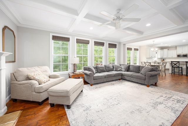 6027 Wellesley Dr, Columbus, GA 31904 - living area featuring dark wood finished floors, a ceiling fan, coffered ceiling, recessed lighting, and beam ceiling