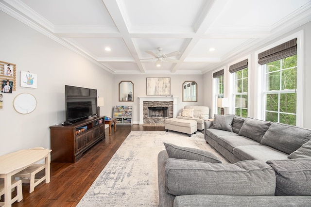 6027 Wellesley Dr, Columbus, GA 31904 - living area with a fireplace, beamed ceiling, coffered ceiling, a ceiling fan, and dark wood-style flooring