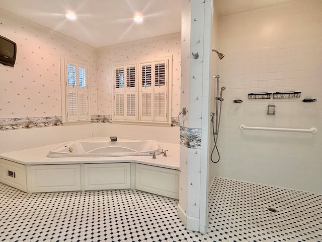 bathroom with separate shower and tub, tile patterned flooring, and ornamental molding