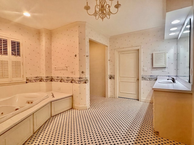 bathroom with a notable chandelier, a bathing tub, tile patterned floors, crown molding, and vanity