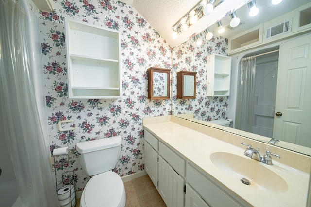 5604 Holland Dr, Columbus, GA 31909 - bathroom featuring wallpapered walls, tile patterned flooring, toilet, a textured ceiling, and vanity