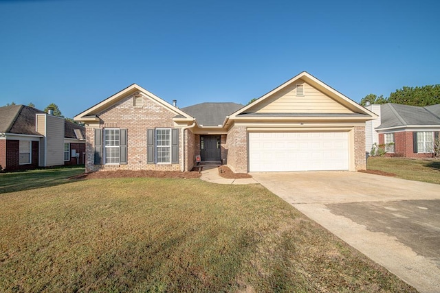 ranch-style home with a garage and a front yard