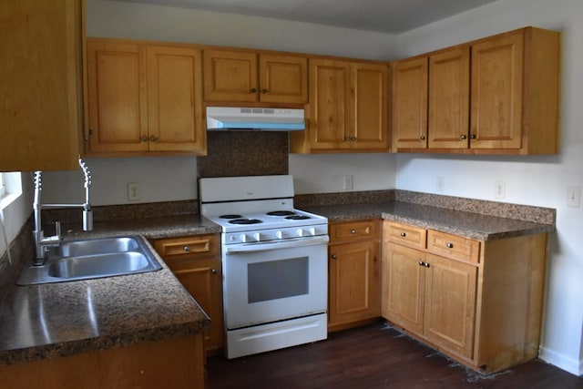 kitchen with white range, dark wood-type flooring, and sink