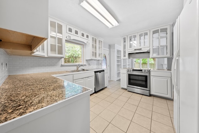 kitchen with stainless steel appliances, a sink, under cabinet range hood, tasteful backsplash, and light tile patterned flooring