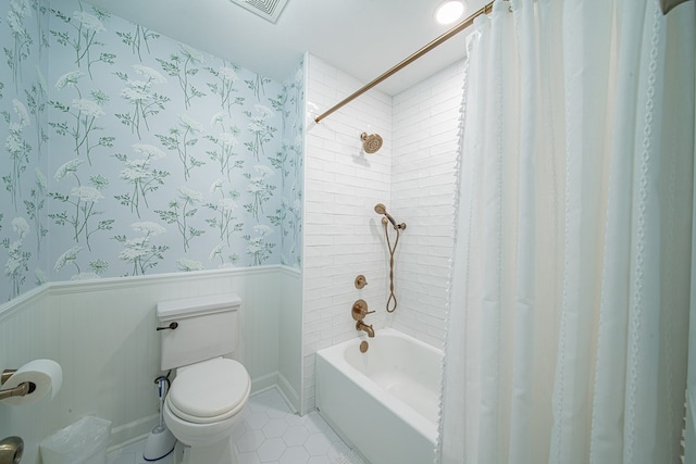 6130 Bristol Blvd, Columbus, GA 31904 - bathroom featuring wainscoting, shower / bathtub combination with curtain, tile patterned floors, and wallpapered walls